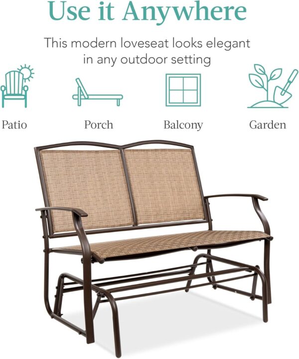 Best Choice Products 2-Person Outdoor Patio Swing Glider Steel Bench Loveseat Rocker for Deck, Porch w/Textilene Fabric, Steel Frame - Brown - Image 7
