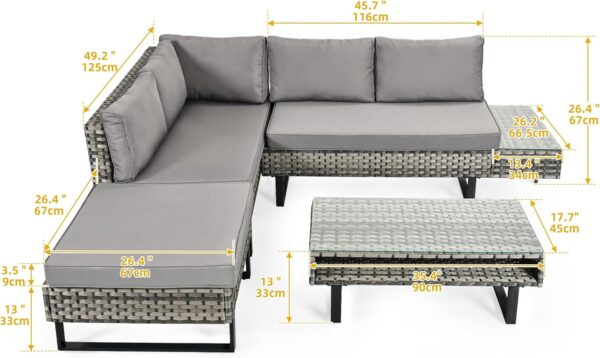 DWVO Patio Furniture Set, Sectional L-Shaped Sofa, for Patio Backyard Poolside Porch, Wicker Conversation Set with Coffee Table & Cushions, Detachable Lounger, All-Weather Rattan, Grey - Image 5