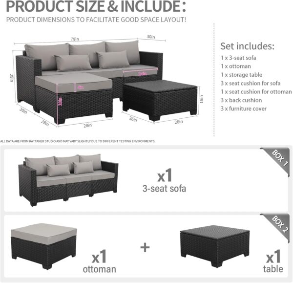 Rattaner 3 Pieces Patio Furniture Set Outdoor Sectional Wicker Patio Furniture Patio Couch with Ottoman and Outdoor Storage Table All-Weather Anti-Slip Cushions Waterproof Covers, Light Grey - Image 6