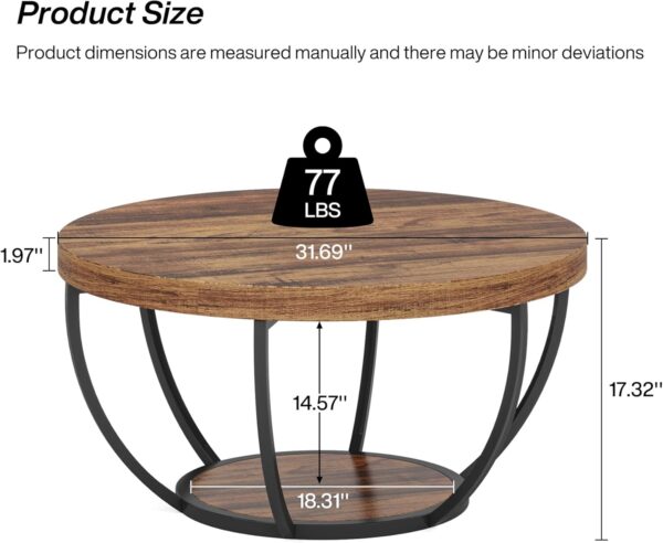 Tribesigns Round Coffee Table, Industrial 2-Tier Circle Coffee Table with Storage Shelves, Modern 31.7" Wooden Accent Center Table for Living Room, Home Office, Rustic Brown - Image 2