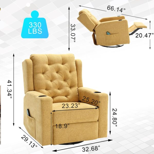 Oversized Massage Swivel Rocker Recliners Glider Chairs Wide Seat Manual Recliner Chairs with Cup Holders, Comfortable Reclining Rocking Chair for Living Room, Yellow - Image 2