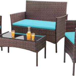 Homall 4 Pieces Patio Rattan Chair Wicker, Outdoor Indoor Use Backyard Porch Garden Poolside Balcony Furniture Sets (Blue)