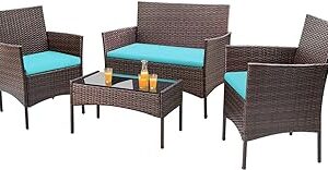 Homall 4 Pieces Patio Rattan Chair Wicker, Outdoor Indoor Use Backyard Porch Garden Poolside Balcony Furniture Sets (Blue)