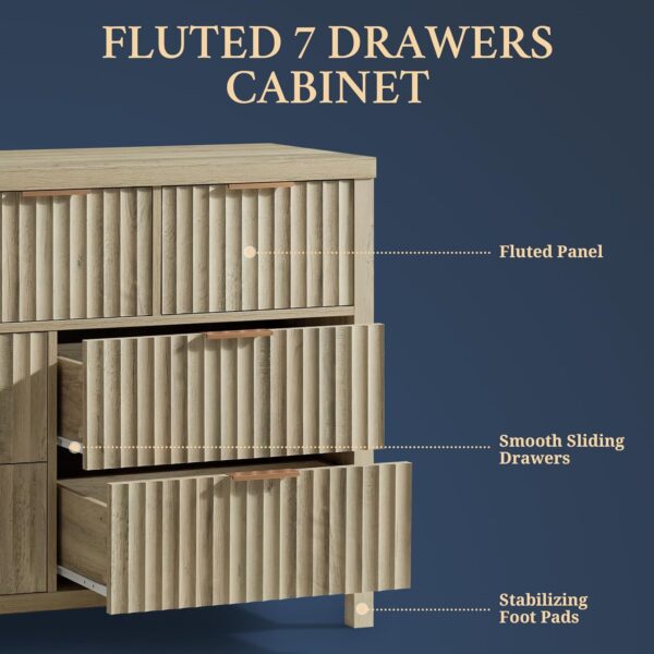 Oxford 7 Drawer Dresser Fluted 7 Drawers Dresser for Bedroom, Modern Wood Dressers & Chests of Drawers, 47''Wide Bedroom Dresser Storage TV Stand for Closet, Bedroom(Sunwashed Ash Oak) - Image 3