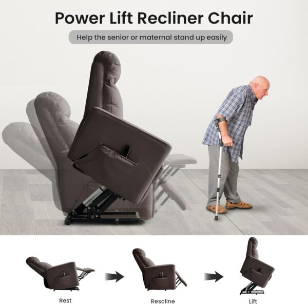 Small Power Lift Recliner Chair for Elderly with 3D Kneading Massage, Adjustable Electric Recliner for Seniors for Small Spaces, Reclining Massage Chair for Adults, Mattevelvet Fabric Sofa, Brown - Image 4