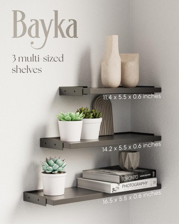 BAYKA Wall Shelves for Bedroom Decor, Floating Shelves for Wall Storage, Wall Mounted Rustic Wood Shelf for Books,Plants,Small Wall Shelf for Bathroom,Kitchen,Living Room(Black，Set of 3) - Image 3