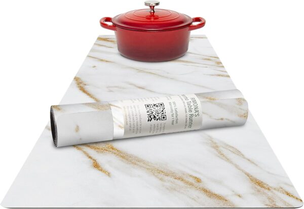 Thermo Heat Resistant Table Runner and Trivet for Hot Dishes - Waterproof Hot Plates to Protect Table and Countertop - Kitchen & Dining 350F Heat Protector 40" - White Golden Marble