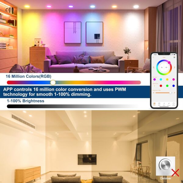 Smart Recessed Lighting 6 Inch Color Changing 16W LED Downlight,1350 Lumen Recessed Ceiling Light Compatible with Alexa,RGB & Cool White 5000K Dimmable by Bluetooth Control -12Pack - Image 3