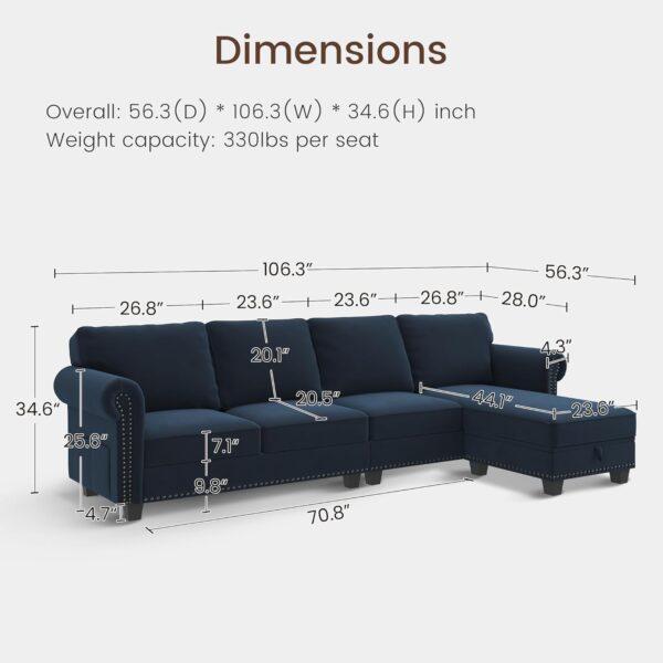 Nolany Velvet Sectional Sofa, L Shaped Sectional Couch with Reversible Chaise Convertible 4 Seater Sofa Couch for Small Space Living Room, Dark Blue - Image 2