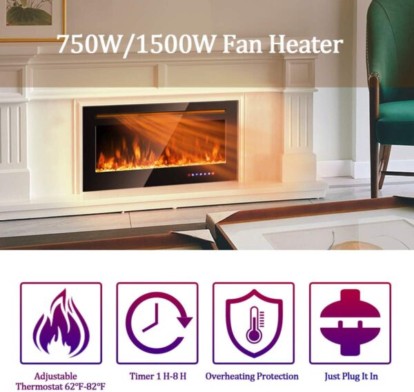 COSTWAY 36-Inch Electric Fireplace, 750W/1500W Wall Recessed and Mounted Fireplace Insert with Remote Control, 9 Flame Colors, 5 Brightness Settings, 8 H Timer, Fireplace Heater for Indoor Use - Image 7