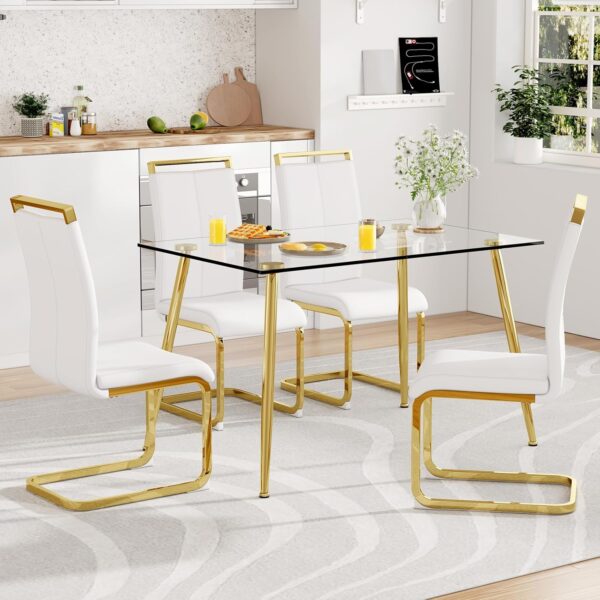 Ebullient Glass Dining Table Set for 4,5 Piece Dining Table and Chairs Set，Modern Kitchen Dining Room Table with 4 White PU Leather Dining Chairs,0.31” Tempered Glass Table Top with Gold Metal Legs - Image 6