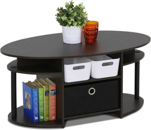 Furinno Jaya Simple Design Oval Coffee Table with Bin for Living Room, Walnut - Image 4