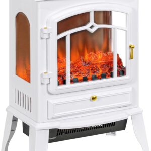 HOMCOM Electric Fireplace Stove, 22" Freestanding Fireplace Heater with 3-Sided Realistic Flame, Overheating Protection, Adjustable Temperature, Portable, 750W/1500W, White