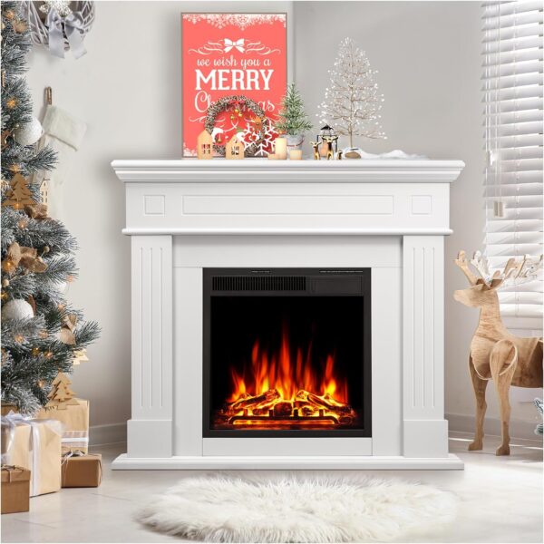 44" Corner Electric Fireplace with Mantel Package Freestanding Fireplace Heater Corner Firebox with Log & Remote Control,750-1500W,White