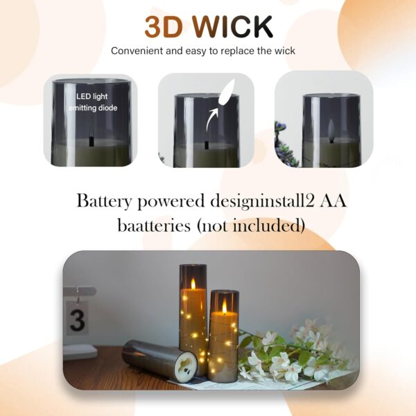 Flameless LED Candles with Timer 9 Pc Flickering Flameless Candles for Romantic Ambiance and Home Decoration Stable Acrylic Shell,with Embedded Star String，Battery Operated Candles（Grey） - Image 2