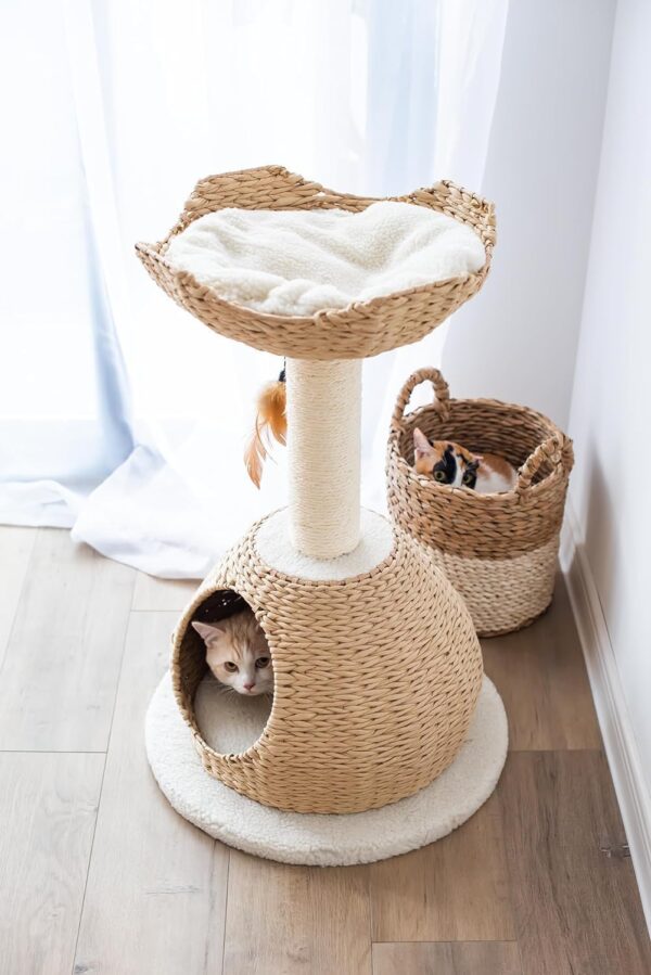 PetPals Hand-Made Paper Rope Natural Bowl Shaped with Perch Cat Tree (Lookout Cat Tower) and Multi-Surface Brush Pet Hair - Image 4