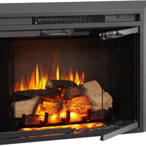 LegendFlame® Damon 35" W Electric Fireplace Insert with Glass Door and Mesh Screen (EF264B), Fireplace Heater 750/1500W, Fire Crackling Sound, Remote Control.