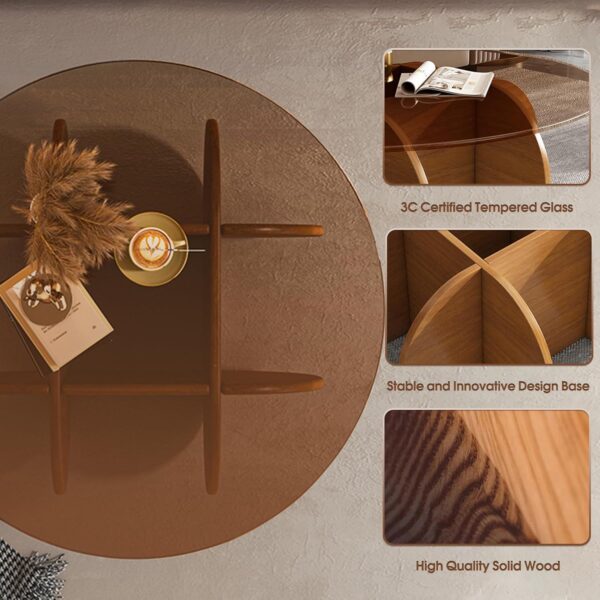 Modern Round Coffee Table with Solid Wood Legs, 31.5'' Glass Coffee Tables for Living Room Rustic Circle Center Cocktail Table with Tempered Glass-Top, Unique Accent Table for Small Spaces - Image 3