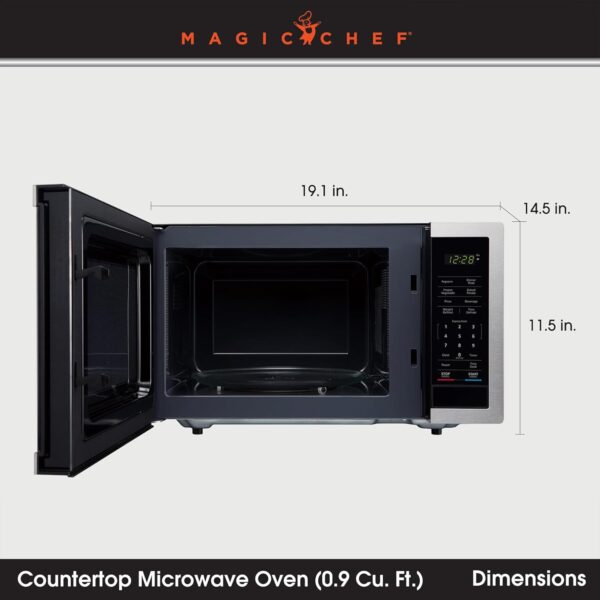 Magic Chef 900 Watts 0.9 Cubic Feet Small Countertop Microwave Oven for Compact Spaces with 6 Pre Programmed Cooking Modes, Stainless Steel - Image 2