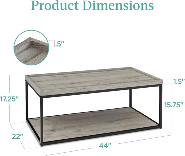Best Choice Products 44in 2-Tier Rectangular Tray Top Coffee Table, Recessed Accent Furniture for Home w/Metal Frame, Shelf - Gray - Image 2