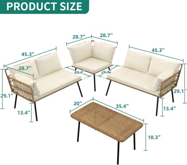 YITAHOME 4 Pieces Patio Furniture Set, Outdoor Rattan Woven Conversation Sectional L-Shaped Sofa with 5 Seater for Backyard, Porch, Boho Detachable Lounger with Cushions and Side Table - Beige - Image 4