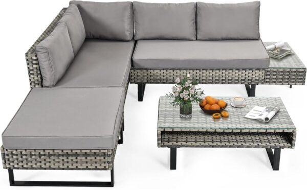 DWVO Patio Furniture Set, Sectional L-Shaped Sofa, for Patio Backyard Poolside Porch, Wicker Conversation Set with Coffee Table & Cushions, Detachable Lounger, All-Weather Rattan, Grey - Image 7