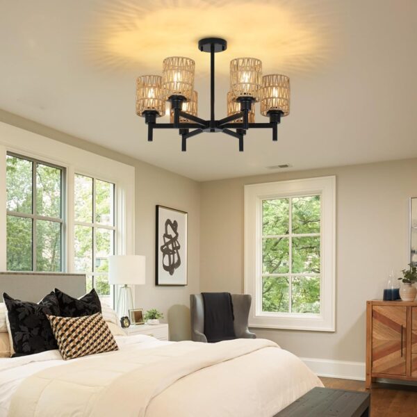 Airposta Rattan Farmhouse Chandelier for Dining Room, Black Pendant Lights Kitchen Island Lighting, Boho Chandeliers Ceiling Hanging Lamp, Rustic Dining Room Light Fixture for Living Room Bedroom Hall - Image 6