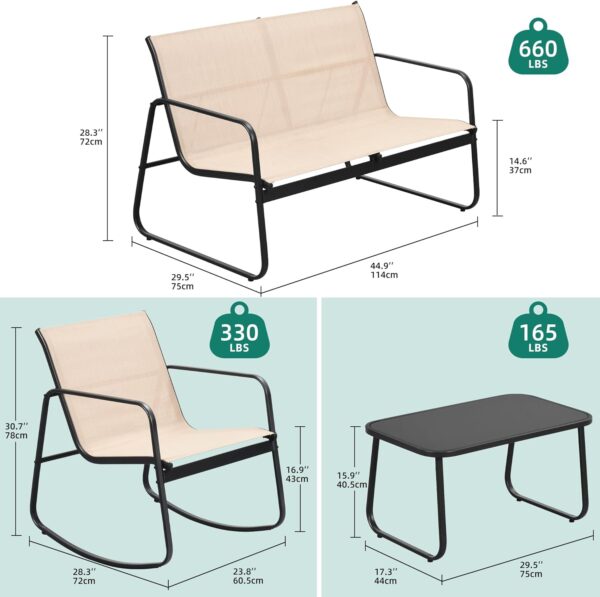 YITAHOME 4 Piece Patio Furniture Set, Small Backyard Bistro Rocking Chairs, Loveseat and Glass Table, Textilene Outdoor Conversation Set for Lawn, Garden, Balcony, Poolside (Brown) - Image 4