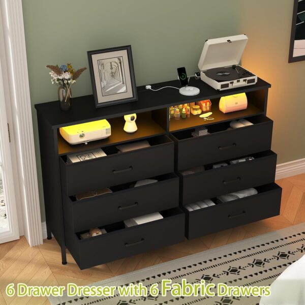 Dresser for bedroom, Fabric Black Bedroom Dresser with LED Lights and Charging Station, 6 Long Drawers Dresser, Tall Wide Chest of Drawers Storage Organizer TV Stand for up to 60" TV for Living Room - Image 7