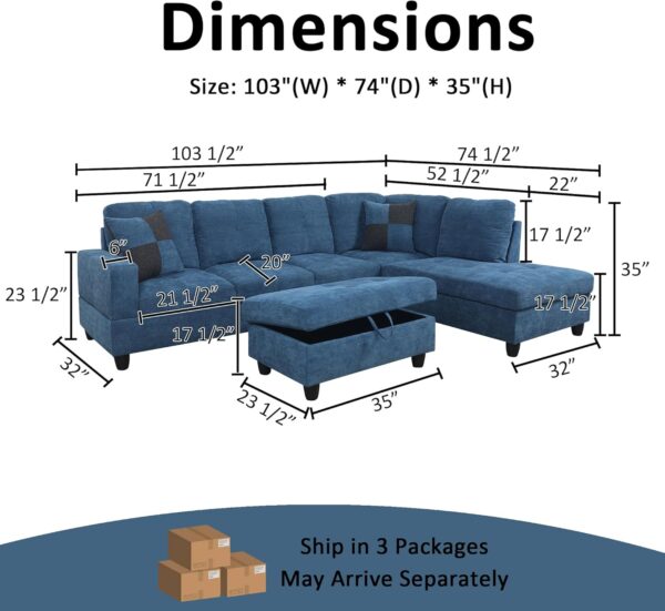 LostCat 103" W Sectional Couches for Living Room Couch Set, Modular Sectional Sofa for Living Room Furniture Sets, L Shaped Couch with Storage Ottoman, Flannel Modular Couch Sofa Set, Blue - Image 2