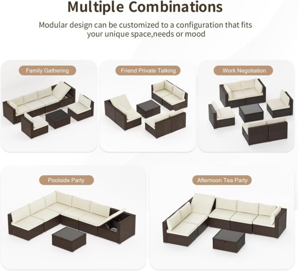 6 Pieces Outdoor Patio Furniture Set, Wicker Patio Conversation Set, Patio Sectional Furniture Set with 2 Swivel Rocker Patio Chair and Sofa, 2 Ottomans and Coffee Table (Grey) - Image 6