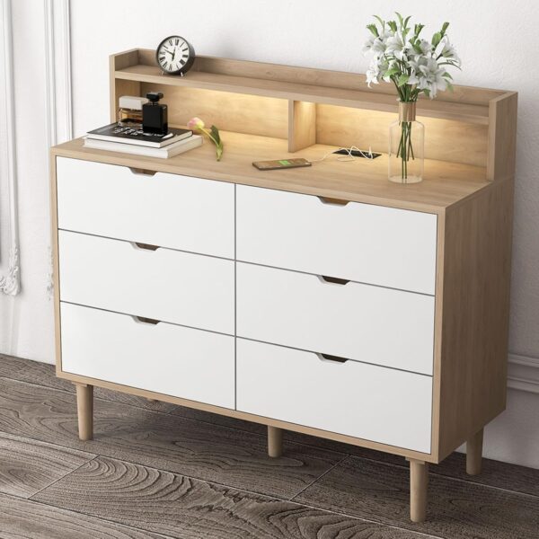 Bonzy Home 6 Drawer Dresser with Charging Station and LED Light, Wooden Chest of Drawers for Closet Hallway, Living Room, Entryway, Black