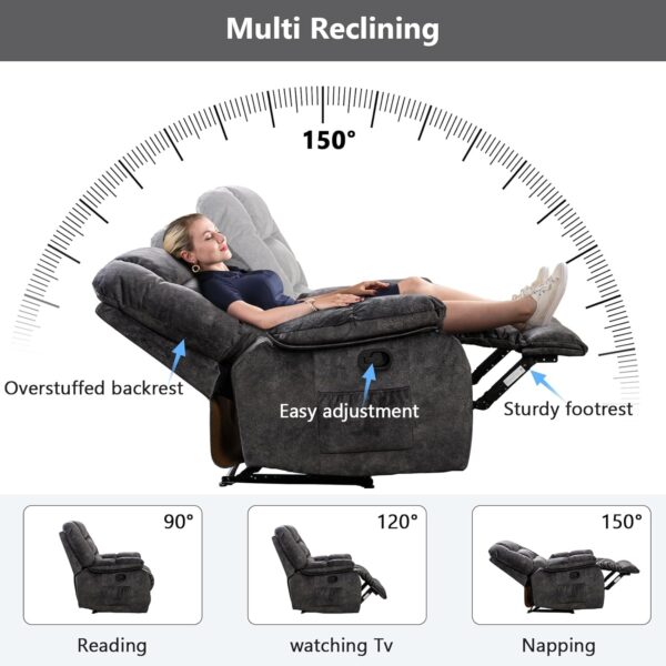 ANJHOME Overstuffed Massage Recliner Chairs with Heat and Vibration, Soft Fabric Single Manual Reclining Chair for Living Room Bedroom (Grey) - Image 7