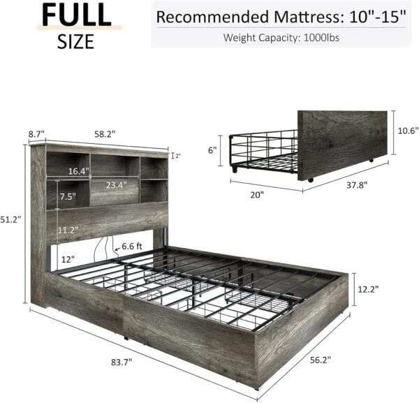 AMERLIFE Full Size Bed Frame Wooden Platform Bed with 51.2" LED Storage Bookcase Headboard, 4 Storage Drawers & Charging Station/No Box Spring Needed/Noise Free/Rustic Grey - Image 2