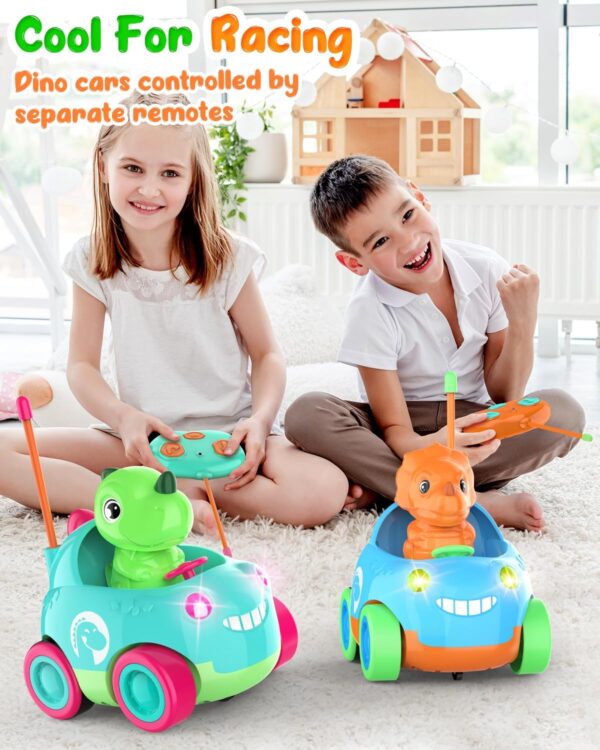 Toddler Remote Control Car, Two Cartoon RC Cars for Toddlers, Dinosaur Toys for Kids 3-5, Birthday Gift for Boys & Girls, Car Toys with LED Lights & Music, Blue - Image 4