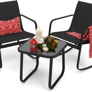 YITAHOME 3 Piece Patio Furniture Set with Rocking Bistro Chairs and Glass Table, Textilene Fabric Small Outdoor Conversation Furniture Set for Backyard, Lawn, Garden, Balcony, Poolside (Black)