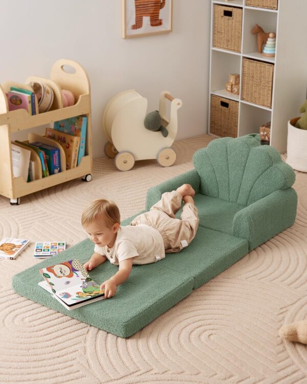 Blissful Diary Kids Couch, 2-in-1 Soft Toddler Couch Fold Out, Toddler Chair Comfy, Convertible Sofa to Lounger with Cute Shell Designs, Green - Image 4