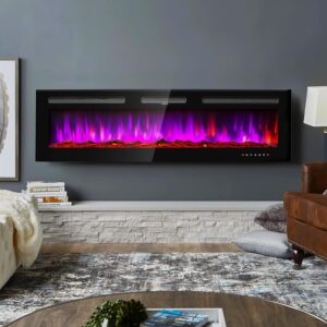 Electric Fireplace 50 inch with Remote Control and Touch Panel Control, Wall Mounted and Recessed Timer,12-Level Adjustable Flame Colors and Speed