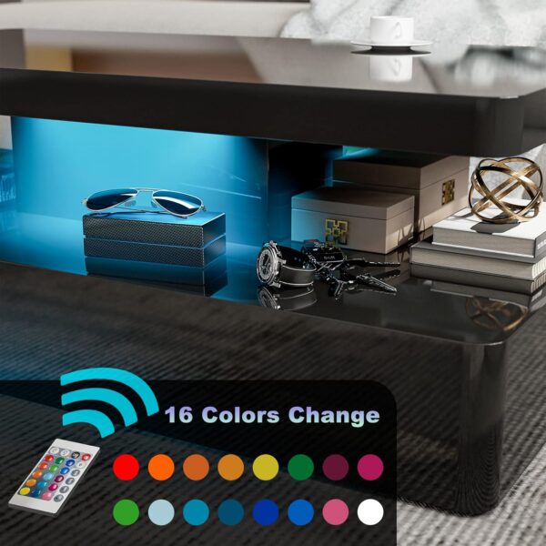 IKIFLY LED High Glossy Coffee Table, Modern Coffee Table for Living Room, 2 Tiers Rectangle Design Coffee Table with 16 Colors LED Lights Black - Image 6