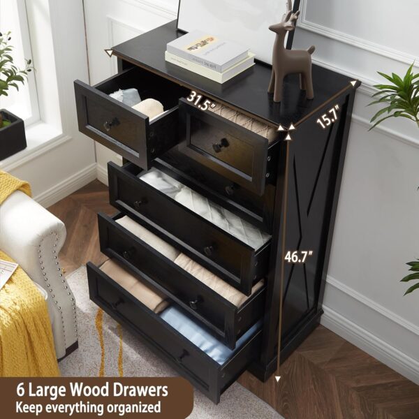 LDTTCUK 6 Drawer Dresser, Farmhouse Dresser Chest of Drawer for Bedroom, 48 Inch Tall Dresser, Wood Storage Chest of Drawers Storage Cabinet for Living Room, Entryway, Hallway, Black - Image 2