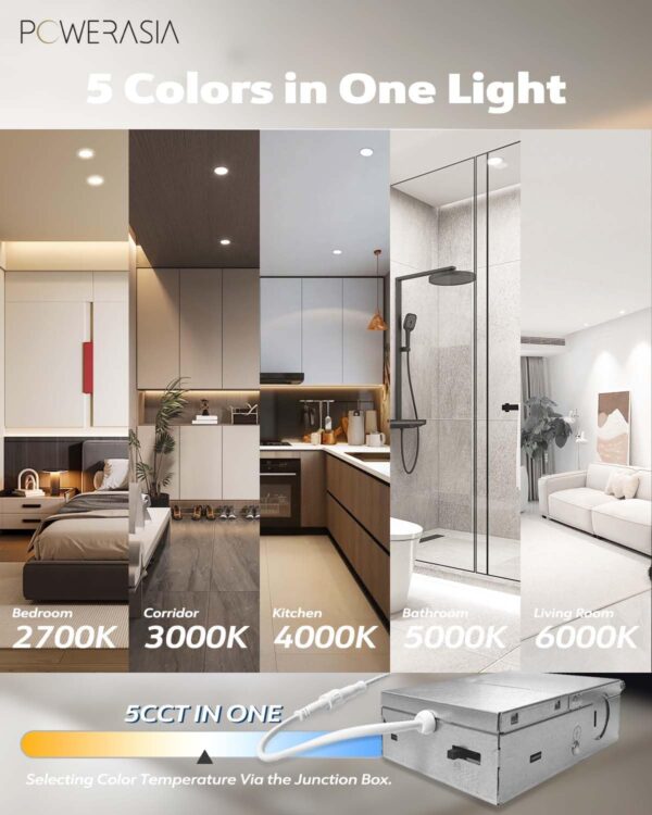 6 Pack 6 Inch LED Recessed Lights with Junction Box, Recessed Lighting 6 Inch 5CCT Dimmable 2700K-6000K,15W 1200lm Canless Downlight-ETL and Energy Star Certified - Image 6