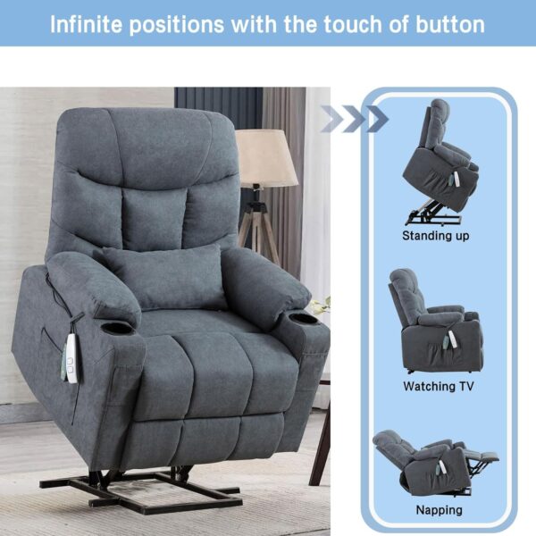Power Lift Recliner Chair with Massage & Heat for Elderly, Linen Fabric Lazy Recliner Sofa Chairs with Cup Holders/USB/Side Pockets for Living Room - Image 4