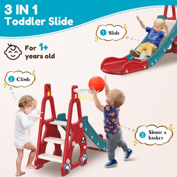Beetle Slide for Toddlers,Indoor/Outdoor Playset for Kids 1-3,Foldable Climbing Toys,Shoot a Basket,3-in-1 Toddler Slide (Red&Green) - Image 2