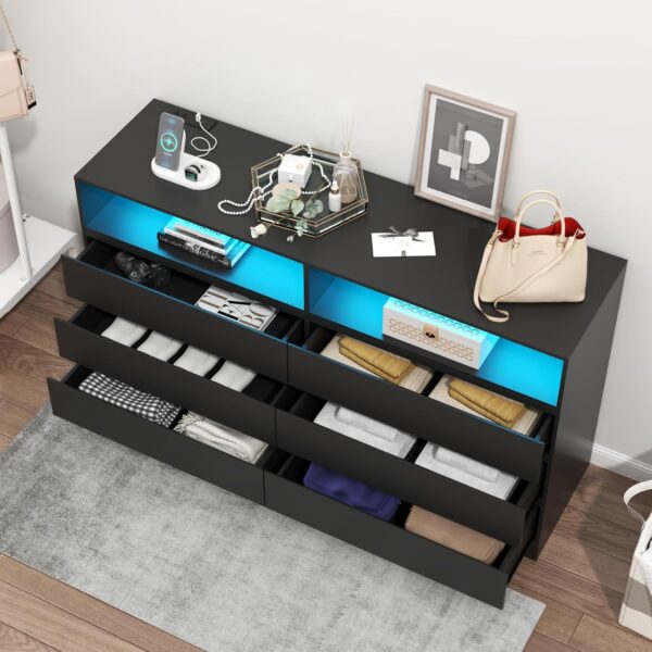 Loomie 6 Drawer Dresser for Bedroom, Wide Chest of Drawers with Charging Station and LED Lights, Traditional Bedroom Furniture, Modern Storage Dresser TV Stand for Living Room (Black) - Image 6