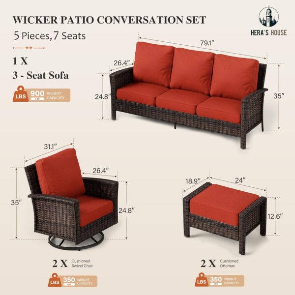 HERA'S HOUSE Patio Furniture Set with High Back Swivel Chairs, 5-Piece Outdoor Wicker Sectional Conversation Set with Ottomans for Garden Yard Porch, Red - Image 6