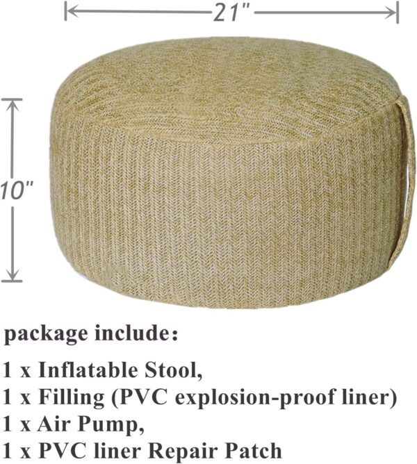 Woven Inflatable Ottoman with Air Pump D21”x H10” Outdoor Indoor Pouf Patio Footrest Stool with Portable Handle, Round Ottoman for Patio Garden, Camping, Bedroom, Living Room Natural Color - Image 3
