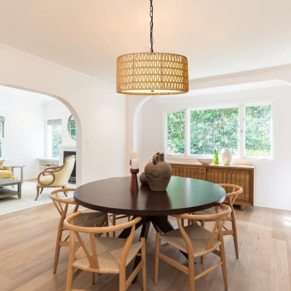 18.9'' Boho Chandelier Lighting for Dining Room, 5 Lights Rattan Chandelier with Fabric Shade, Rustic Large Pendant Light for Kitchen Island, Hand Woven Hanging Light Fixtures. - Image 2