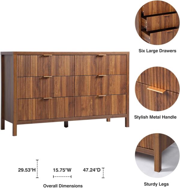 Fluted 6 Drawer Double Dresser for Bedroom, 47" Wide Modern Closet Dressers Chest of Drawers, Wood Storage Dresser Organizer for Nursery Bedroom Living Room Hallway Closet, Walnut - Image 3