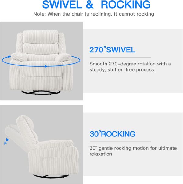 PrimeZone Swivel Rocker Recliner Chair- Oversized Rocking Glider Chair with Electric Massage Heat & USB Ports, Corduroy Reclining Chair for Living Room, Nursery, Bedroom, Home Theater, White - Image 5