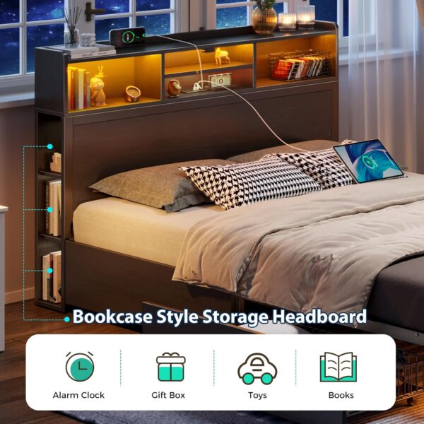 Rolanstar Full Bed Frame with Storage Headboard, Metal Platform Bed with Charging Station, LED, 4 Drawers, Bookcase Storage, No Box Spring Needed, Easy Assembly, Noise-Free, Black - Image 4